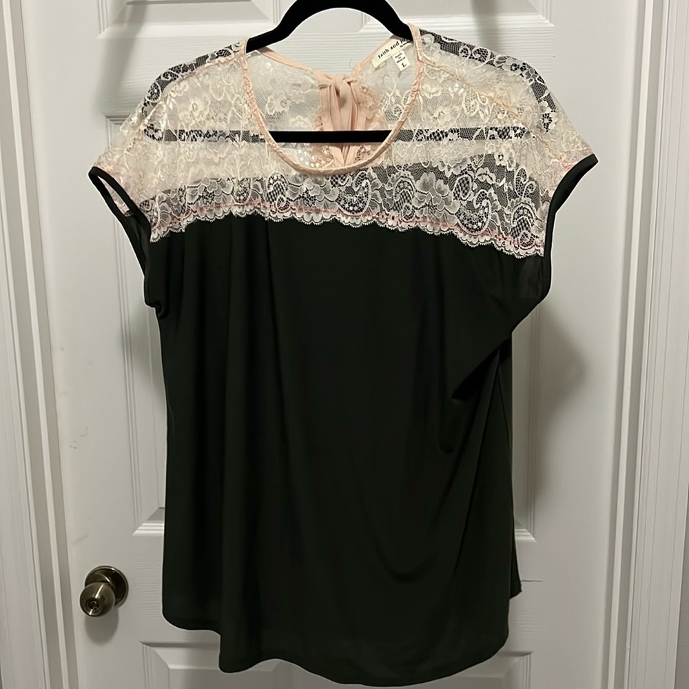 Like New - Olive Green and Lace Blouse